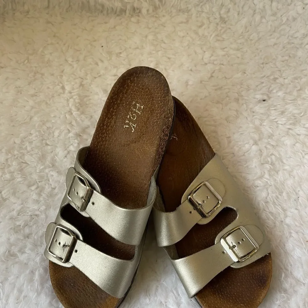 H2K silver straps buckles wedge cork sandals size Euro 42